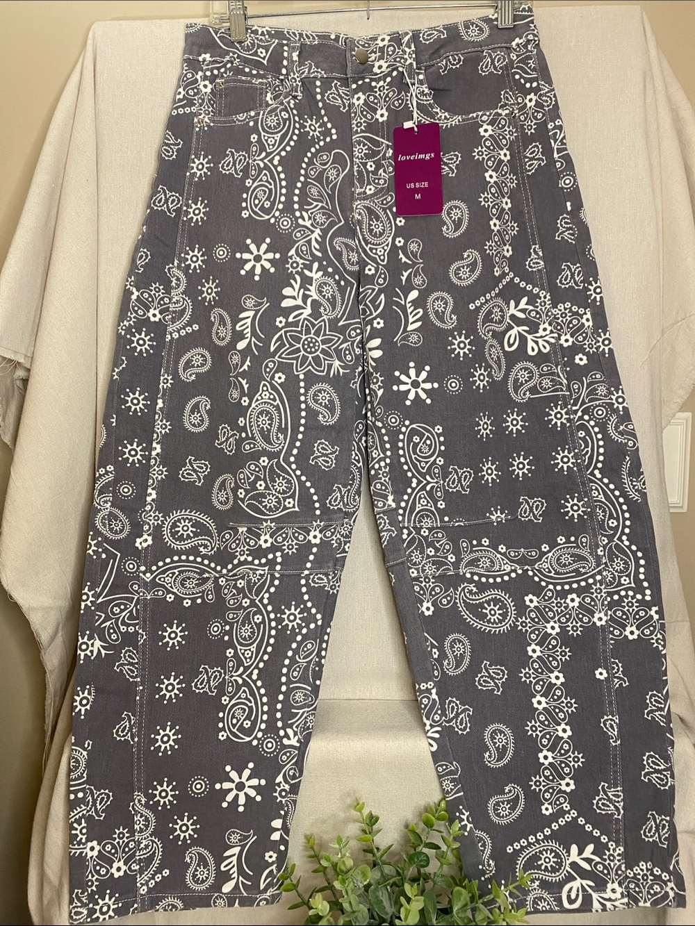 NWT Loveimgs Women Baggy Barrel Jeans Bandana Print Denim Ankle Mid Rise Jeans